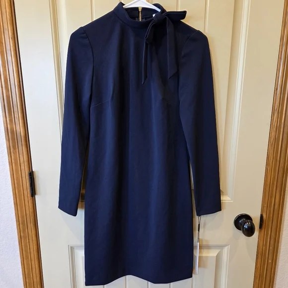 ‼️3/$30‼️Calvin Klein Tie-Neck Scuba Crepe Dress Womens 2 Navy High Neck Zip - Picture 2 of 16